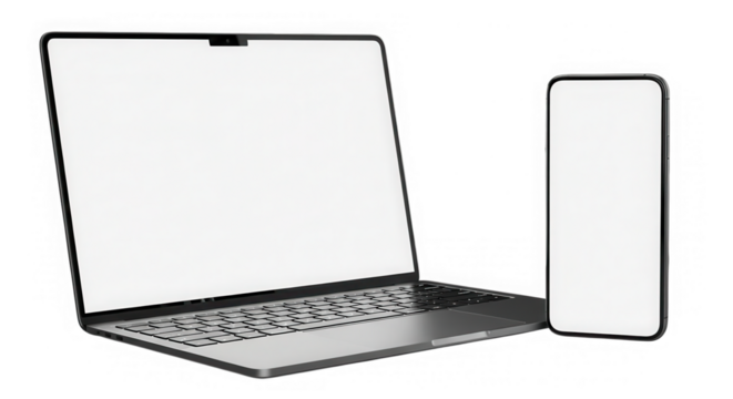 Modern laptop and smartphone with blank screens isolated on transparent background - Powered by Adobe