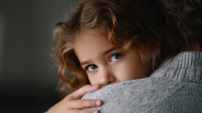 Little child peeking over a comforting shoulder, finding protection and emotional support during a tender family embrace - Powered by Adobe