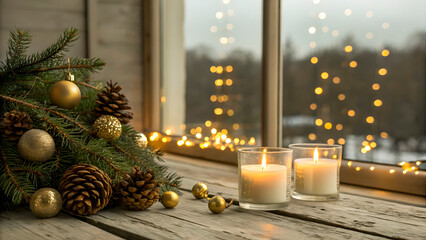 Cozy christmas scene with lit candles and pine branches by a window with bokeh lights