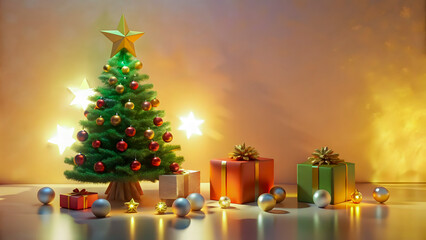 Festive decorated christmas tree with presents and warm glowing lights on a reflective surface