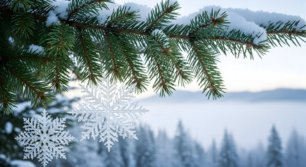 Obraz premium Snow-covered pine branches with decorative snowflakes in winter scene background