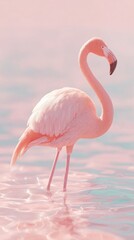 Naklejka premium A flamingo wades gracefully through shallow, pastel-colored water, bathed in soft light. Serene beauty.