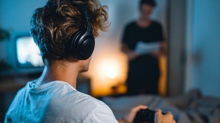 Gamer ignoring partner during a conflict at home, focusing on online video game and entertainment