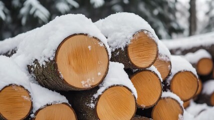 Freshly cut logs are stacked and covered with snow in a serene winter setting among tall evergreen trees - Powered by Adobe