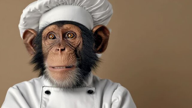 Chef monkey character in white uniform and hat, displaying various expressions, showcasing culinary enthusiasm and creativity, with a neutral background emphasizing character details and charm