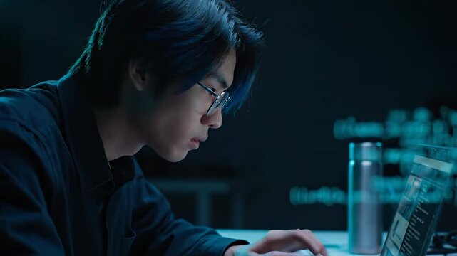 Programmer types code on laptop. Hand moves across keyboard while coder reviews screen. Developer inspects code and debug output. Computer display shows terminal and data. Focused work on software.