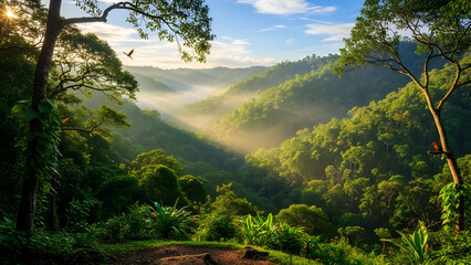 Obraz premium Sunlight streams through morning mist over a lush, tropical rainforest valley with a bird flying overhead.