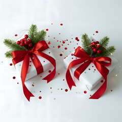 Two beautifully wrapped white christmas gifts adorned with red bows and festive greenery