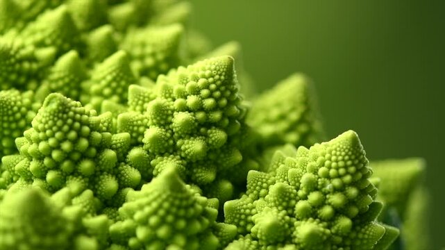 Romanesco broccoli cabbage or Roman Cauliflower abstract texture on green background, macro shot. Fresh Food design, vegan backdrop, slow motion, rotating