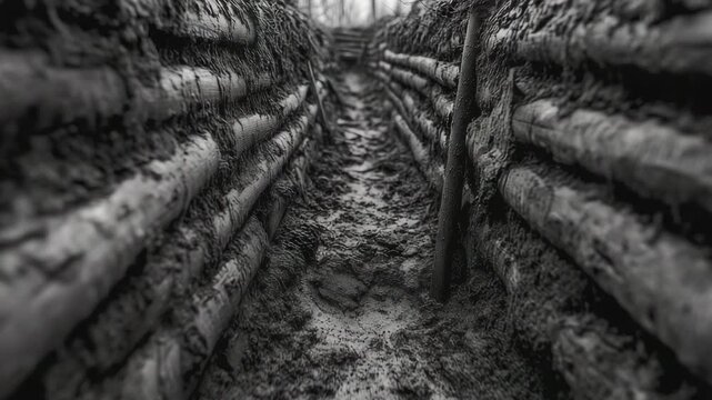 A desolate trench is shown, illustrating the harsh conditions faced in warfare during the winter months, with mud and wooden barriers