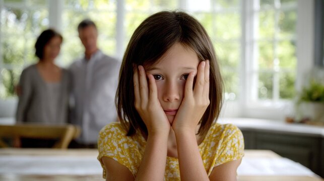 Girl coping with parents arguing, feeling sad and worried about family conflict, hands on face - Powered by Adobe