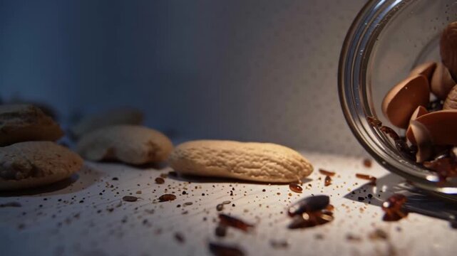 Cockroach insect pest countertop with cookie crumb contamination near jar and spilled nut debris creating food contamination risk dim kitchen scene