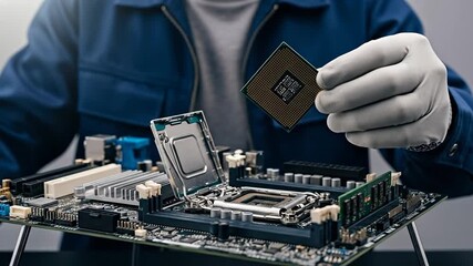 Technician installing CPU on motherboard for computer assembly and repair.