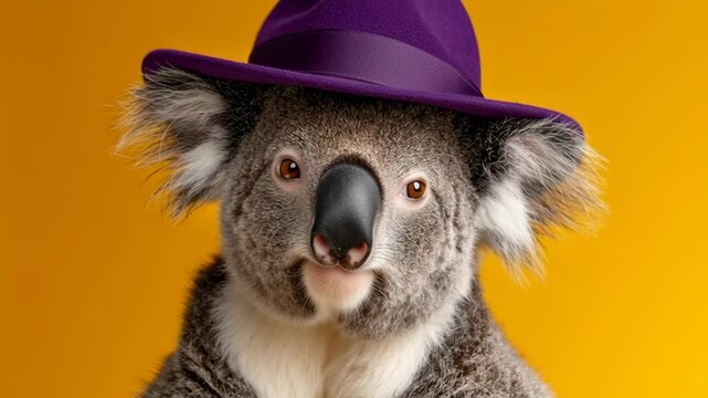 Playful koala wearing a vibrant purple hat, poses against a bright orange background, showcasing its charming expression, with a focus on the whimsical character and engaging visual appeal