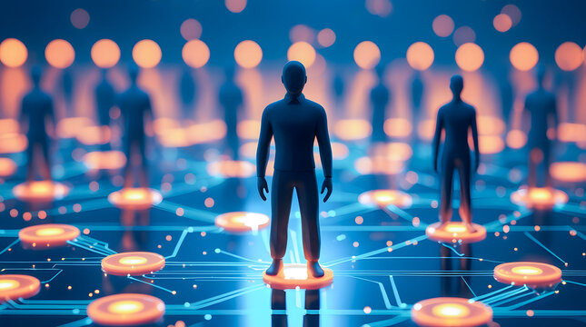 Futuristic digital avatars standing in a glowing network of interconnected data points
