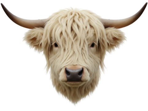 Fluffy Highland cow head PNG isolated on transparent background, cute Scottish cattle with long shaggy hair and horns for animal designs