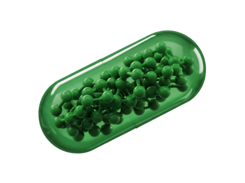 Green capsule with molecule inside isolated PNG, medicine or supplement concept for healthcare and pharmaceutical industry, on transparent background - Powered by Adobe