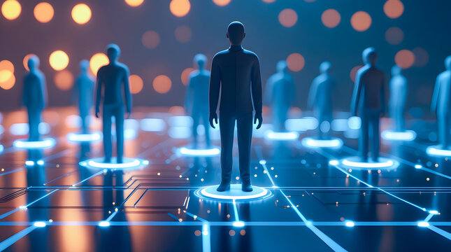 Futuristic digital figures standing on illuminated platforms in a network grid with bokeh lights
