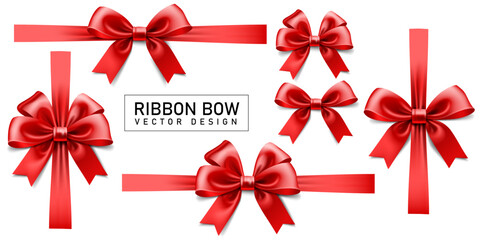 Fototapeta premium red realistic ribbon bow set design isolated on the transparent background vector illustration.use for christmas gifts,birthday cards and valentine's day concept celebration banner design.