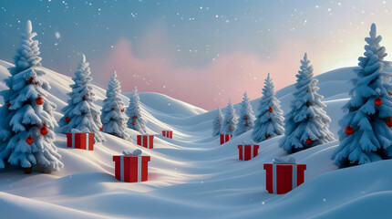 Snowy winter landscape with christmas trees and red gift boxes under a soft twilight sky