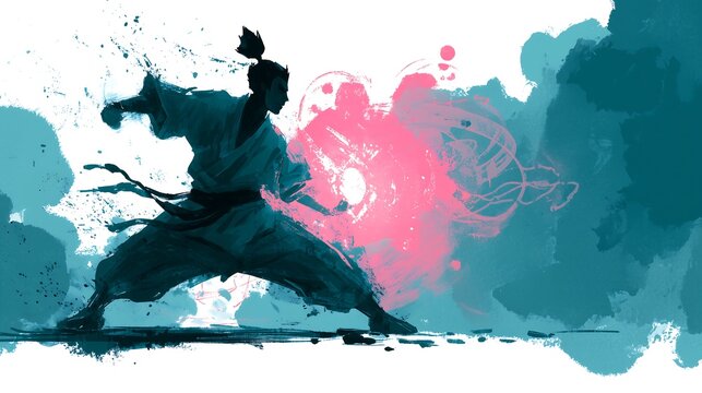 Martial artist in dynamic pose with energy burst