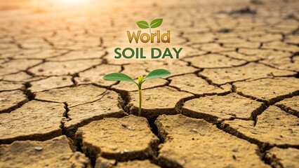 Single sprout emerging from cracked dry soil for World Soil Day.