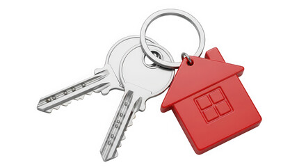 House keys with red house shaped keychain isolated on transparent background