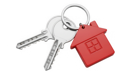 House keys with red house shaped keychain isolated on transparent background