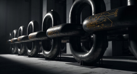 A powerful, technologically enhanced metal chain stretches into the dark, symbolizing secure data connections, blockchain systems, and robust cyber infrastructure.