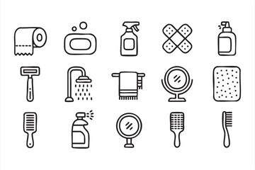 Bathroom Essentials Line Icons for Hygiene Products, Cleaning Tools, and Wellness Use