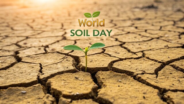 Single sprout emerging from cracked dry soil for World Soil Day.