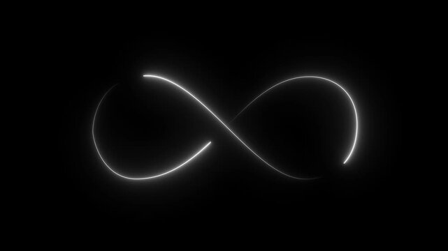 Glowing white neon infinity symbol animation on black background, seamless loop. Motion graphics of digital sign symbol concept.