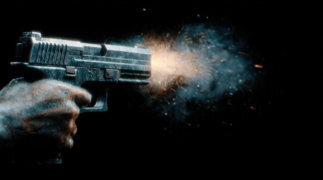 Gun firing with muzzle flash and smoke, held in a hand, dark background for dramatic effect.
