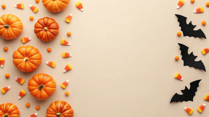 Obraz premium top view of halloween decorations Bright orange pumpkins are arranged with candy corn and little bats scattered on a light surface