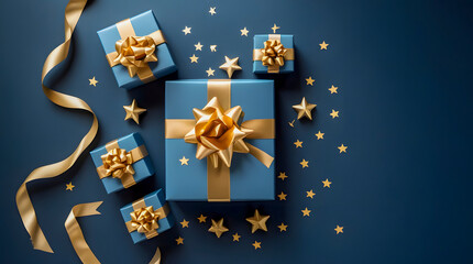 Elegant blue gift boxes tied with golden ribbon and scattered star confetti