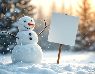 Cute snowman holding a blank white sign in a snowy winter forest. Christmas holiday mockup with copy space for text.