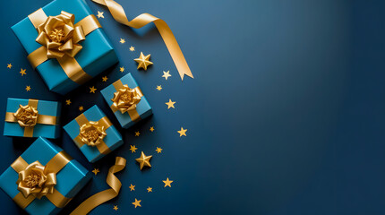 Festive turquoise gift boxes tied with golden ribbon and scattered star confetti on dark blue background