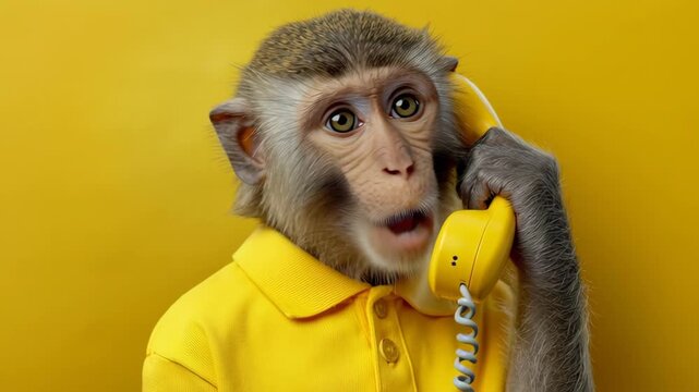 Monkey wearing yellow polo shirt holds a yellow telephone, displaying a range of expressions while communicating, showcasing playful interaction and engaging visuals, camera zooms in and out