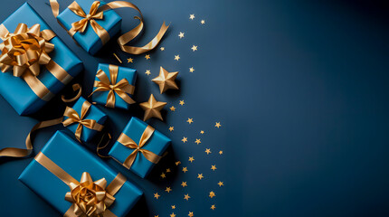 Festive arrangement of blue gift boxes with golden ribbons and confetti on a dark blue background