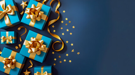 Festive arrangement of blue gift boxes with golden ribbons and confetti on a dark blue background