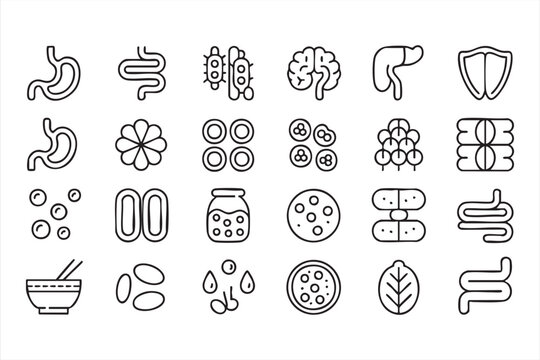 Microbiome and Digestive Health Icons for Medical UI, Wellness Apps, and Science Themes