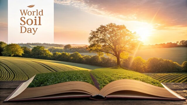 Beautiful sunrise landscape emerging from open book celebrating World Soil Day.