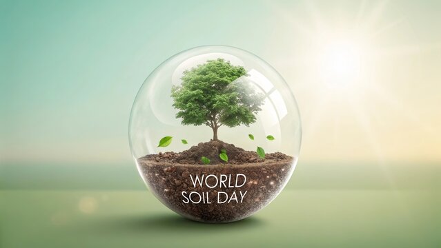 Tree growing inside glass bubble on soil field for World Soil Day.