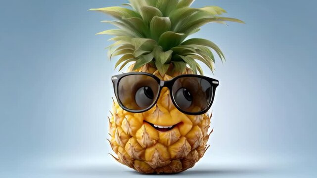 Animated pineapple character wearing sunglasses smiles joyfully, showcasing vibrant colors and playful expression, with a gradual zoom in emphasizing its cheerful demeanor and personality