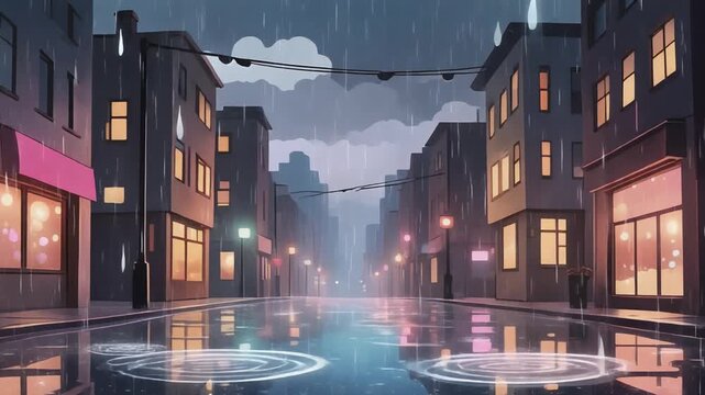 Rainy City Streetscape A Serene Scene of Reflecting Lights and Empty Roads in the Evening