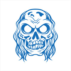 Creepy blue skull illustration with flowing hair design element Vector