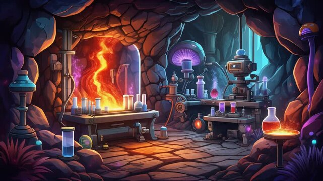 Mystical Laboratory An Enchanting Interior View Filled with Magical Equipment and Glowing Flames