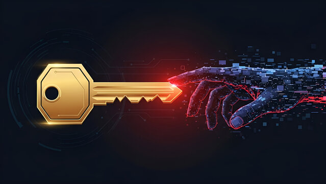 Abstract digital hand touching a glowing golden key, symbolizing cyber security access.