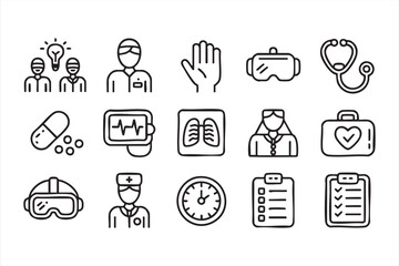Doctor and Hospital Outline Icons for Patient Care, MedTech Interfaces, and Workflow