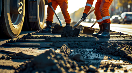 Construction workers in orange uniforms digging asphalt with shovels on a sunny day